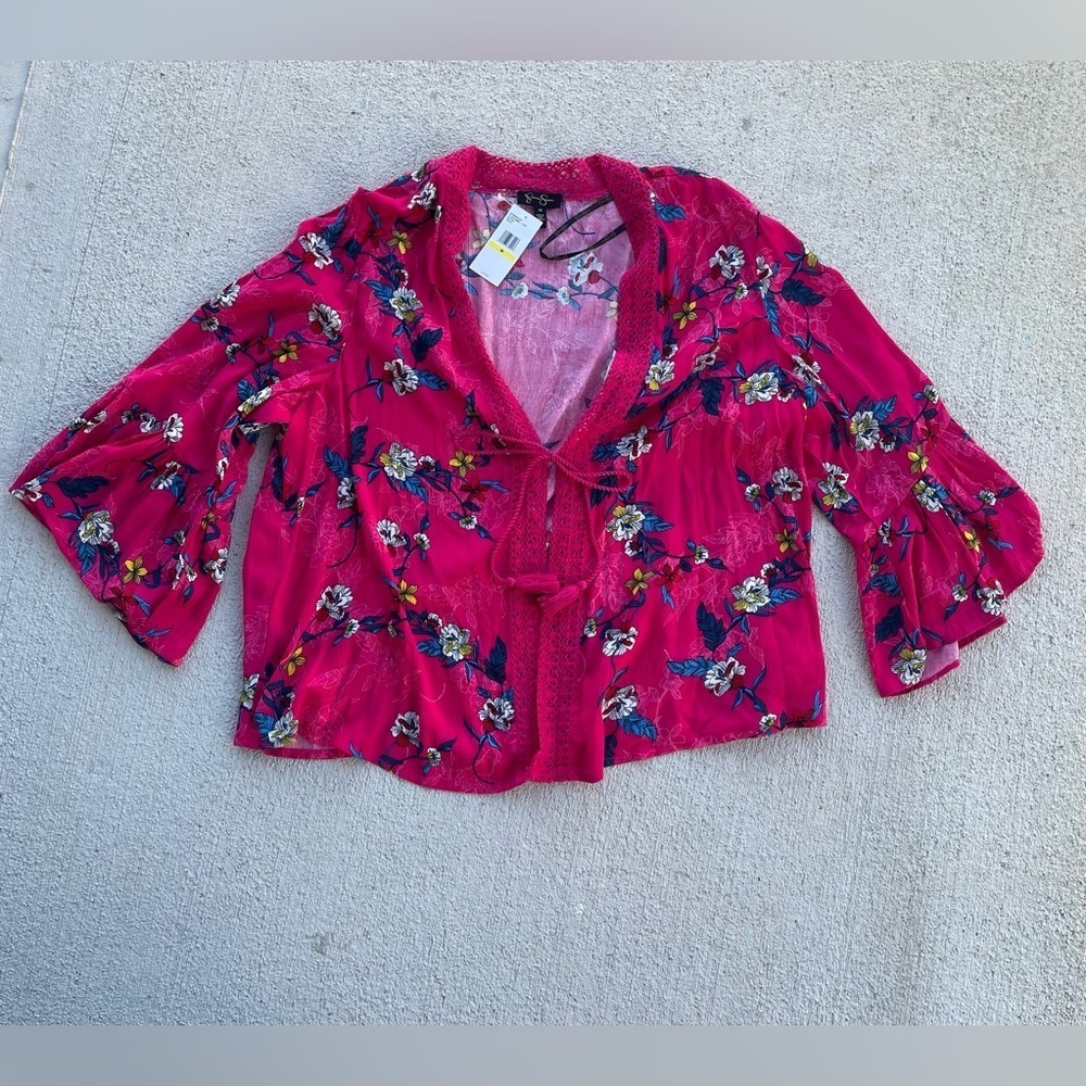 Jessica Simpson Pink Floral Crochet Boho Bell Sleeve Top Medium NWT